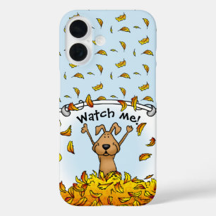 Coque Pour iPhone 16 Chien Jouer dans un seau de feuilles d'automne - A