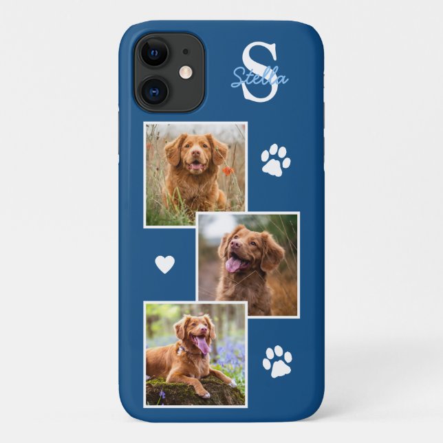 Coques Case-Mate iPhone Chien Photo Collage Monogram Blue Pet (Dos)