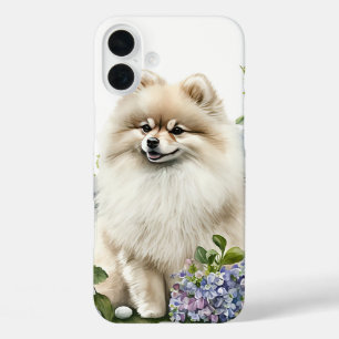 COQUES iPhone 16 PLUS CHIEN POMERANIEN COLORÉ DE CRÈME EN FLEUR SAUVAGE