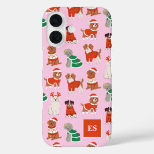 Coque Pour iPhone 16 Chiens de Noël roses Monogramme de fille personnal