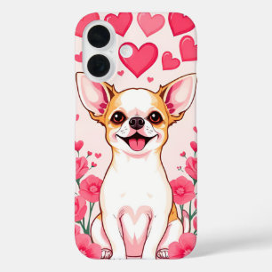 Coque Pour iPhone 16 Chihuahua Adorable Avec des Cœurs Roses