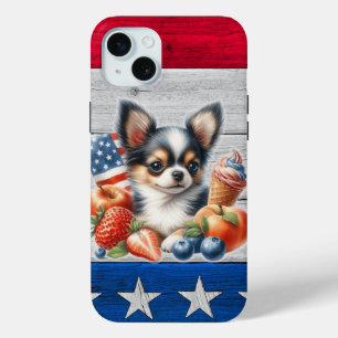 Coque iPhone 15 Mini Chihuahua Patriotique Fruit USA Long Hair Chihuahu