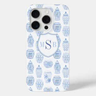 Coque iPhone 15 Pro Chine bleu et blanc Imprimer Monogramme Aquarelle