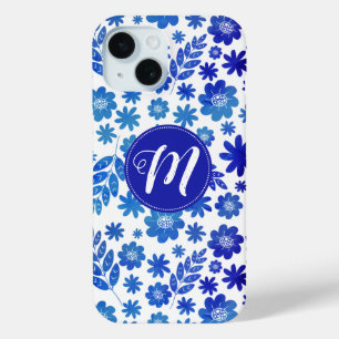 Coque Pour iPhone 15 Chine bleue Tiré à la main motif floral & Monogram