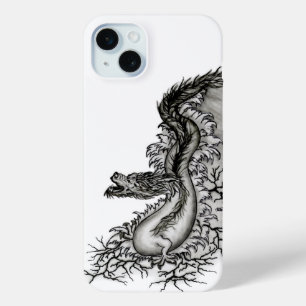 Coque iPhone 15 Mini Chine Dragon, noir et blanc Design en Tattoostyl