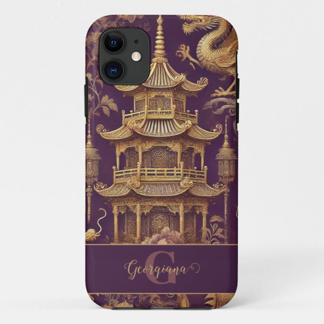 Coques Case-Mate iPhone Chinoiserie Victorienne Personalisée Purple & Gold (Dos)