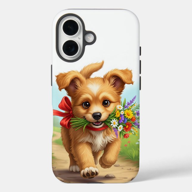 Coques Case-Mate iPhone Chiot portant arc livrant des fleurs anniversaire (Verso)