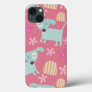 iPhone 13 Coque Chiots, étoiles et fleurs