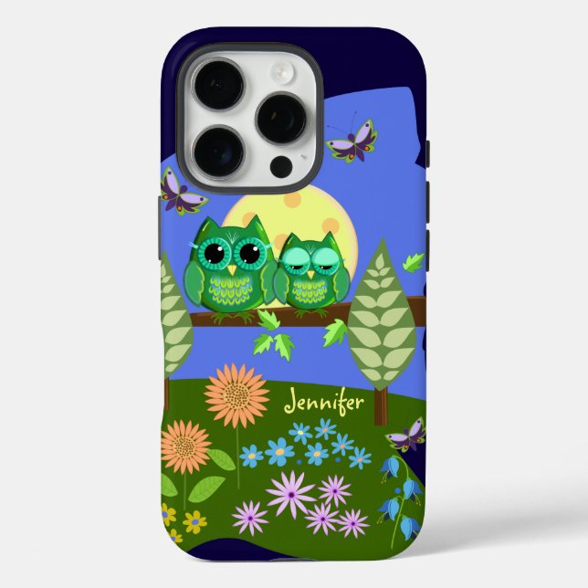 Coques Case-Mate iPhone Chouettes mignonnes en Terrain d'été & Nom personn (Verso)