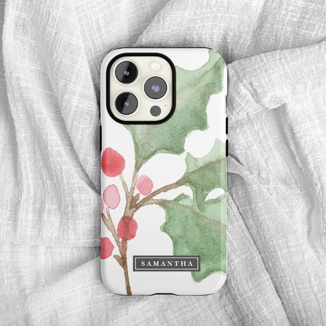 Coques Case-Mate iPhone Christmas Greenery & Red Berry Nom personnalisé (Créateur téléchargé)