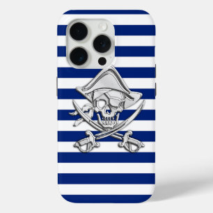Coque iPhone 15 Pro Chrome Comme un Pirate sur Décor à Rayures Nautiqu