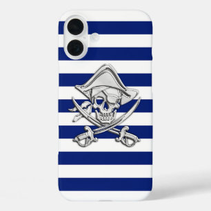 Coques iPhone 16 Plus Chrome Crâne de Pirate sur Rayures Nuit