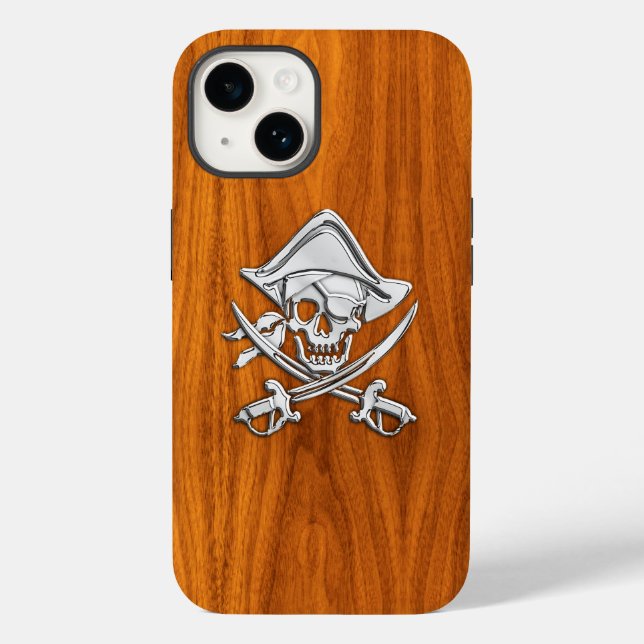 Coques Case-Mate iPhone Chrome Pirate Crossbones sur le bois de teck (Verso)