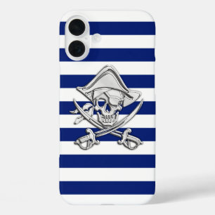 Coques iPhone 16 Plus Chrome Pirate Crossbones sur les rayures de marine