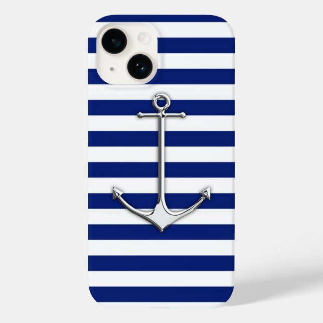 Coques Case-Mate iPhone Chrome style Thin Anchor on Blue stripes (Verso)