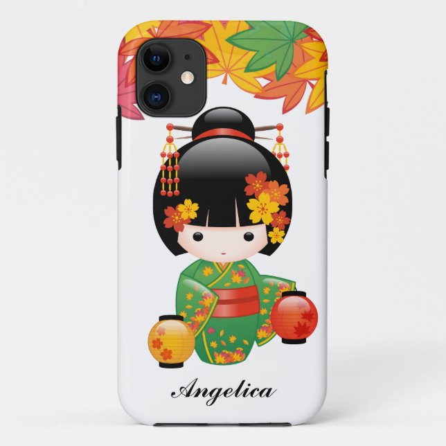 Coques Case-Mate iPhone Chute Poupée Kokeshi - Green Kimono Geisha Girl (Dos)