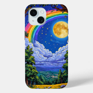 Coque Pour iPhone 15 Ciel de nuit de la lune arc en ciel