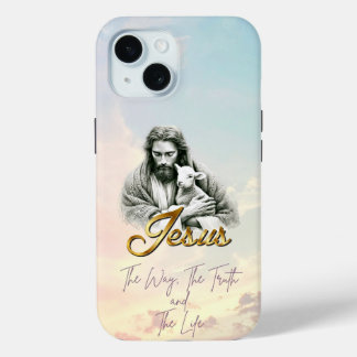 Coque Pour iPhone 15 Ciel pastel chic chrétien Jésus agneau or script