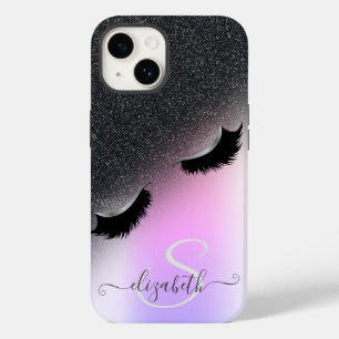 Coque Pour iPhone 14 Cils Faux Brillants Noir Ombré Glitter