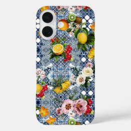 Coque Pour iPhone 16 citrons et fleurs siciliens Carreaux vintages moti