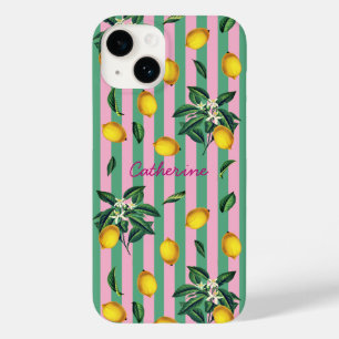 Coque Pour iPhone 14 Citrons Méditerranéens Nom Bandes Roses Vertes