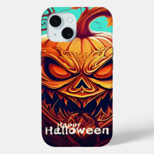 Coque Pour iPhone 15 Citrouille orange effrayante avec visage, Hallowee