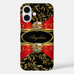 Coque Pour iPhone 16 Classe Élégant Rouge Noir Or Damassé Joyau 2