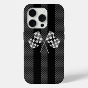 Coque iPhone 15 Pro Classic Racing Flags Stripes en fibre de carbone