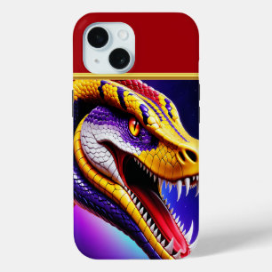 Coque Pour iPhone 15 Cobra rouge vif violet blanc et jaune écailles