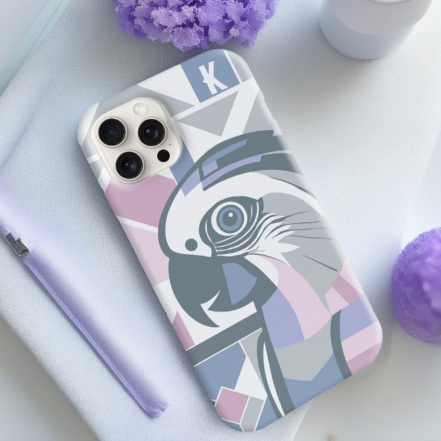 Coques Case-Mate iPhone Cockatoo moderne Stylisé Monogramme de perroquet g (Modern geometric Cockatoo parrot iPhone case in pink and blue)