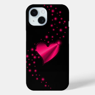 Coque Pour iPhone 15 Coeur arc-en-ciel avec étoiles sur noir