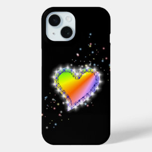 Coque Pour iPhone 15 Coeur arc-en-ciel avec étoiles sur noir