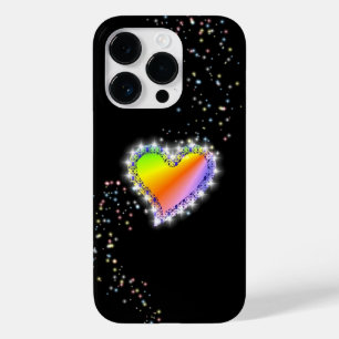 Coque Pour iPhone 14 Pro Coeur arc-en-ciel avec étoiles sur noir