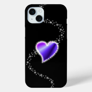 Coque iPhone 15 Mini Coeur arc-en-ciel violet avec étoiles sur noir