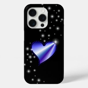 Coque iPhone 15 Pro Coeur arc-en-ciel violet avec étoiles sur noir