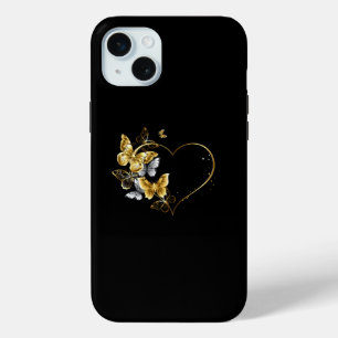 Coque iPhone 15 Mini Coeur aux papillons d'or