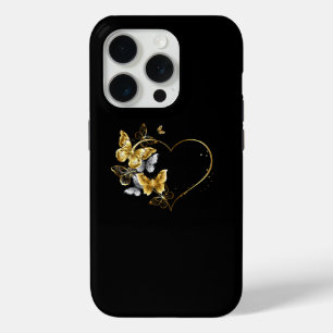 Coque iPhone 15 Pro Coeur aux papillons d'or
