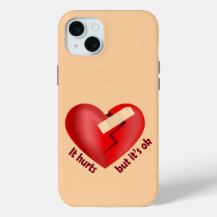 Coque iPhone 15 Mini Coeur brisé guéri avec patch et citation de vie