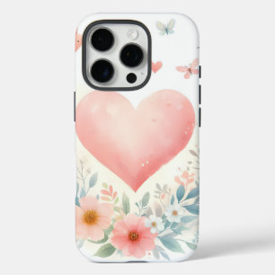 Coques iPhone 16 Pro Cœur de l'aquarelle douce Fleurs d'amour Oiseaux