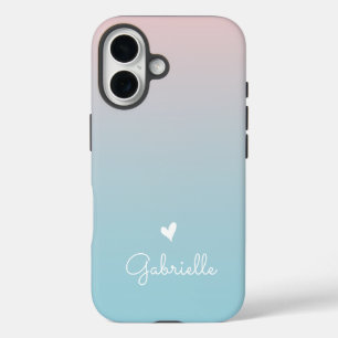 Coque Pour iPhone 16 Coeur dégradé bleu rose avec un nom de script mini