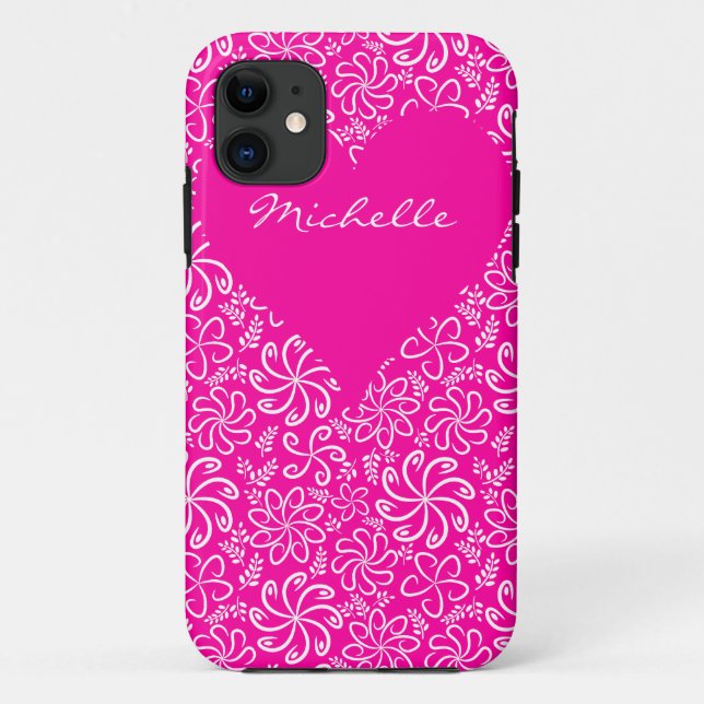 Coques Case-Mate iPhone Coeur floral en rose avec nom (Dos)