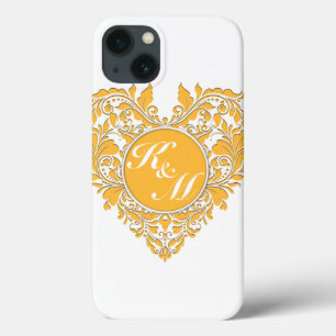 iPhone 13 Case Coeur HeartyParty Jaune et blanc Damas
