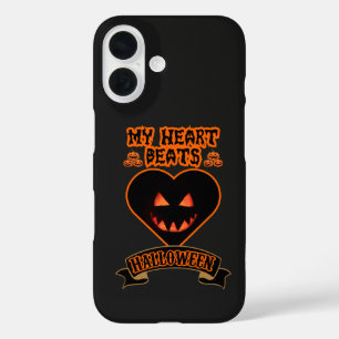 Coque Pour iPhone 16 Coeur noir Halloween Citrouille mal visage Éffraya