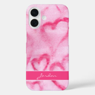 Coque Pour iPhone 16 Coeurs d'aquarelle rose Abstrait avec nom Girly