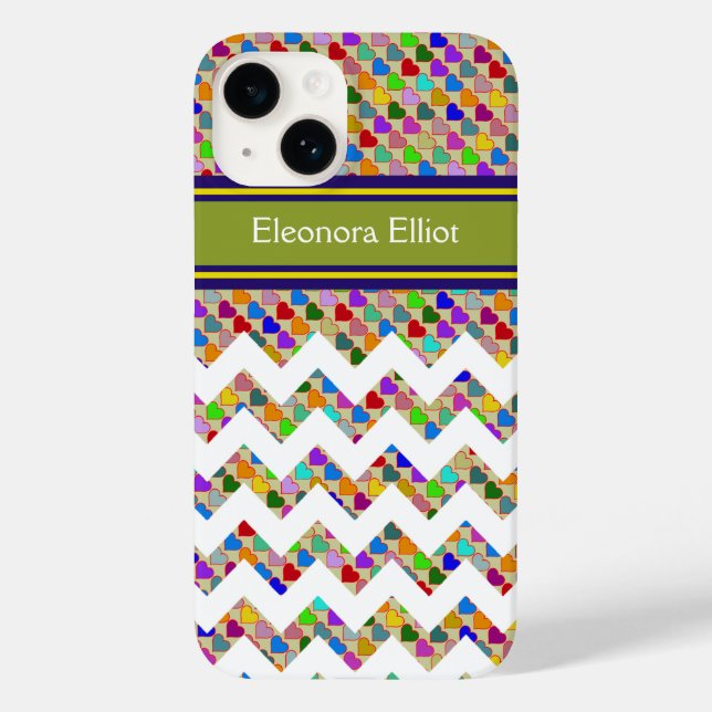 Coques Case-Mate iPhone Cœurs de couleur monogrammés & chevron (Verso)