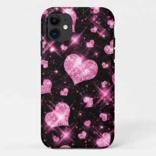 Coque iPhone 11 Coeurs de parties scintillantes de rose de Faux