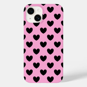 Coque Pour iPhone 14 Coeurs de polka noir sur coton bonbon rose