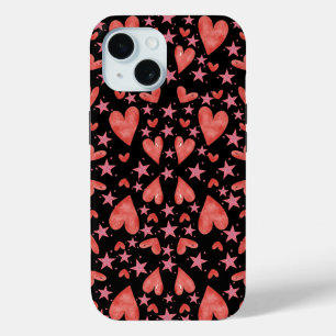 Coque Pour iPhone 15 Cœurs et Étoiles Roses Tendances pour la Saint-Val