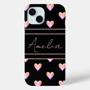 Coque Pour iPhone 15 Coeurs modernes Motif rose noir Personnalisé