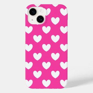 Coque Pour iPhone 14 Coeurs polka blanc sur rose fuchsia